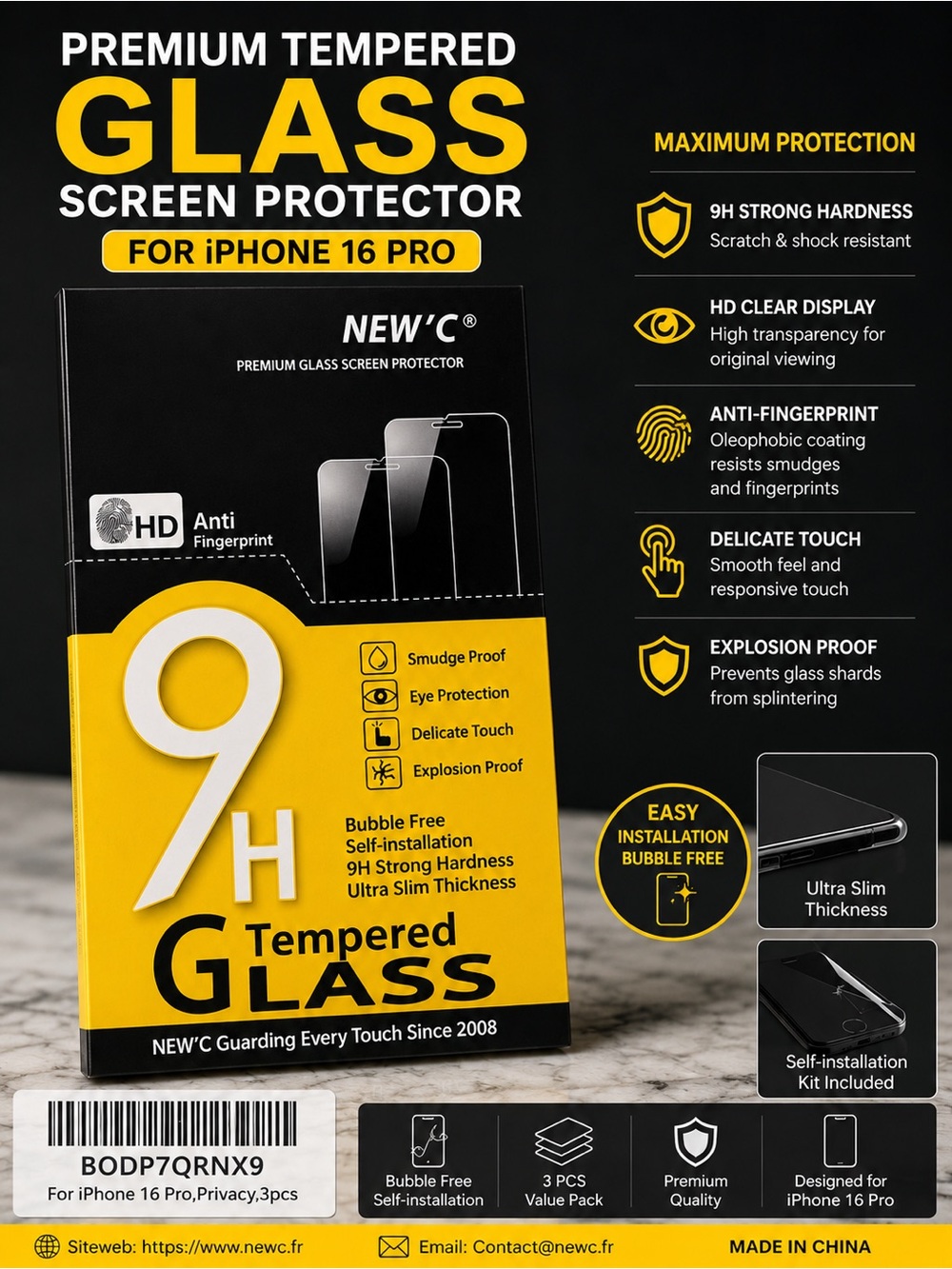 3pc set NEW'C 9H Tempered Glass Screen Protector for iPhone 16 Pro -